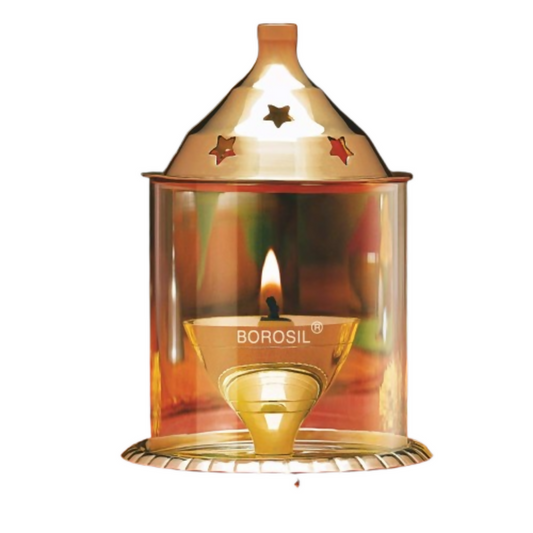 Borosil candle holder with a lit candle on a white background