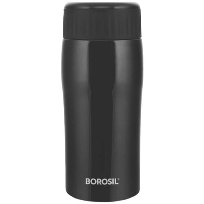 Black Borosil thermos bottle on a white background