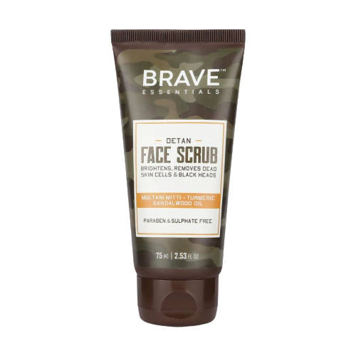 Brave Essentials Detan Face Scrub tube on a white background