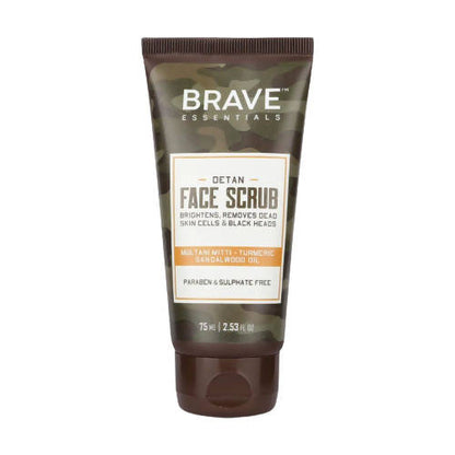Brave Essentials Detan Face Scrub tube on a white background