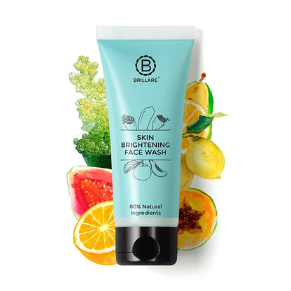 Tube of Brillare Skin Brightening Face Wash with fruits on a white background