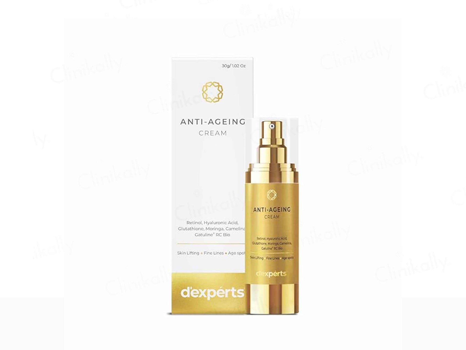 Anti-ageing cream bottle and packaging with 'dexperts' branding on a white background