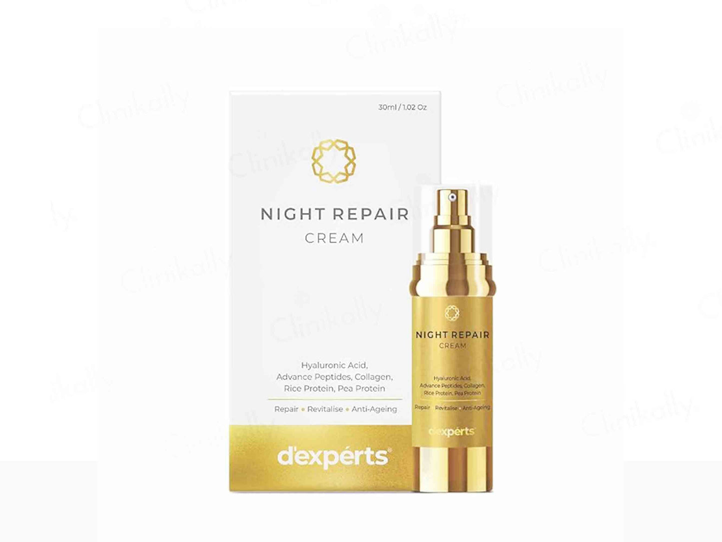 Night repair cream packaging with gold bottle and white box on a white background