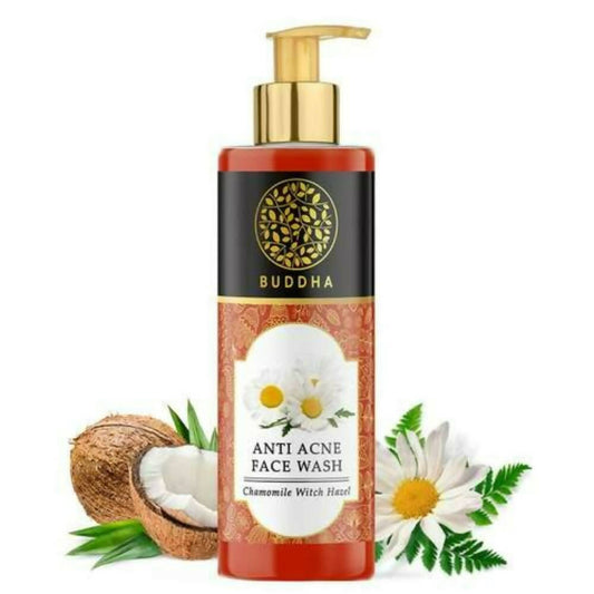 Buddha Anti Acne Face Wash bottle with coconut, daisy, and green leaves on a white background