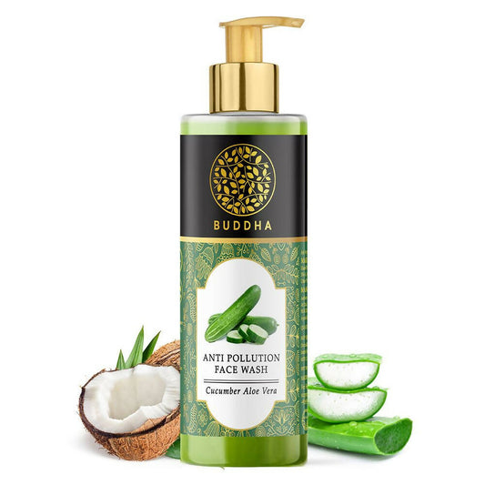 Bottle of Buddha Anti Pollution Face Wash with cucumber, aloe vera, and coconut on a white background