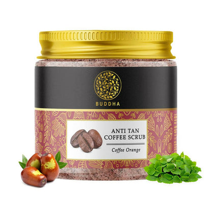 Anti tan coffee scrub jar with gold lid and label on a white background