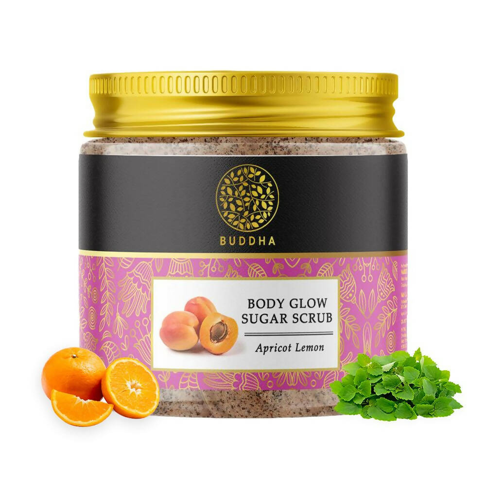 Jar of Buddha Body Glow Sugar Scrub with apricots and lemon on a white background