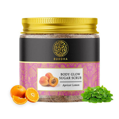 Jar of Buddha Body Glow Sugar Scrub with apricots and lemon on a white background