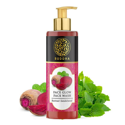 Bottle of Buddha Face Glow Face Wash with beetroot and sandalwood on a white background