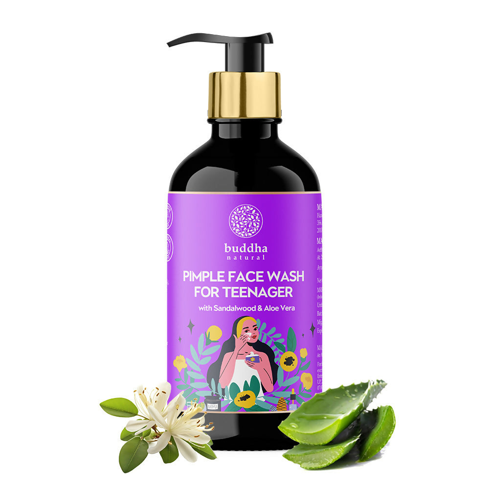 Bottle of pimple face wash for teenagers with a purple label on a white background