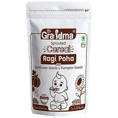 Package of 'By Grandma' Sprouted Cereal Ragi Poha with Sunflower Seeds & Pumpkin Seeds on a white background