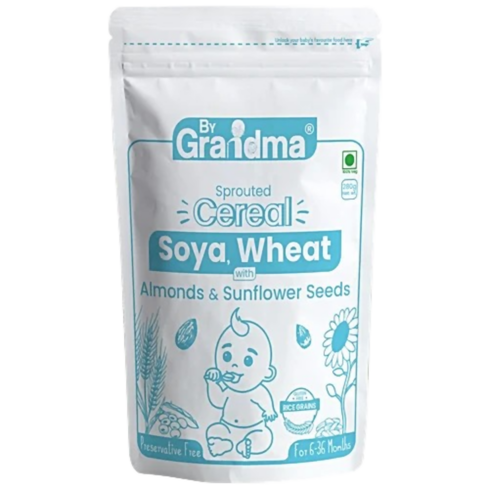 Package of 'By Grandma' sprouted cereal with soya, wheat, almonds, and sunflower seeds on a white background.