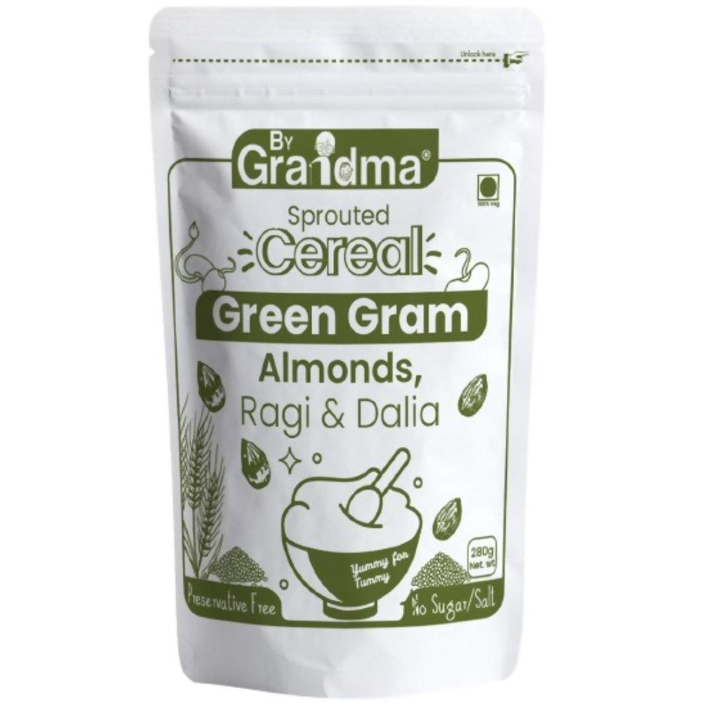 Packaging of By Grandma Sprouted Cereal with green gram, almonds, ragi, and dalia on a white background