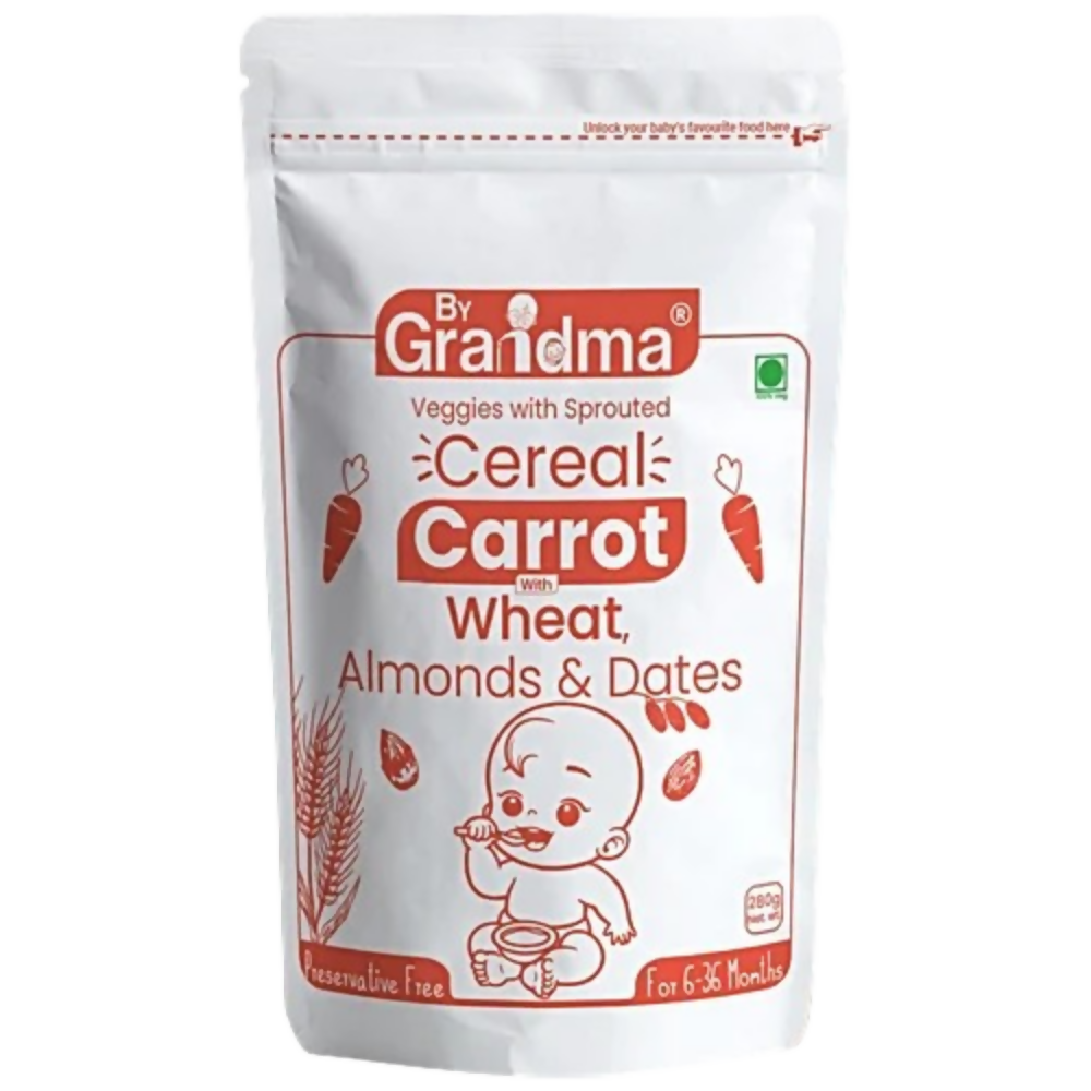 Package of 'By Grandma' carrot cereal with sprouted wheat, almonds, and dates on a white background