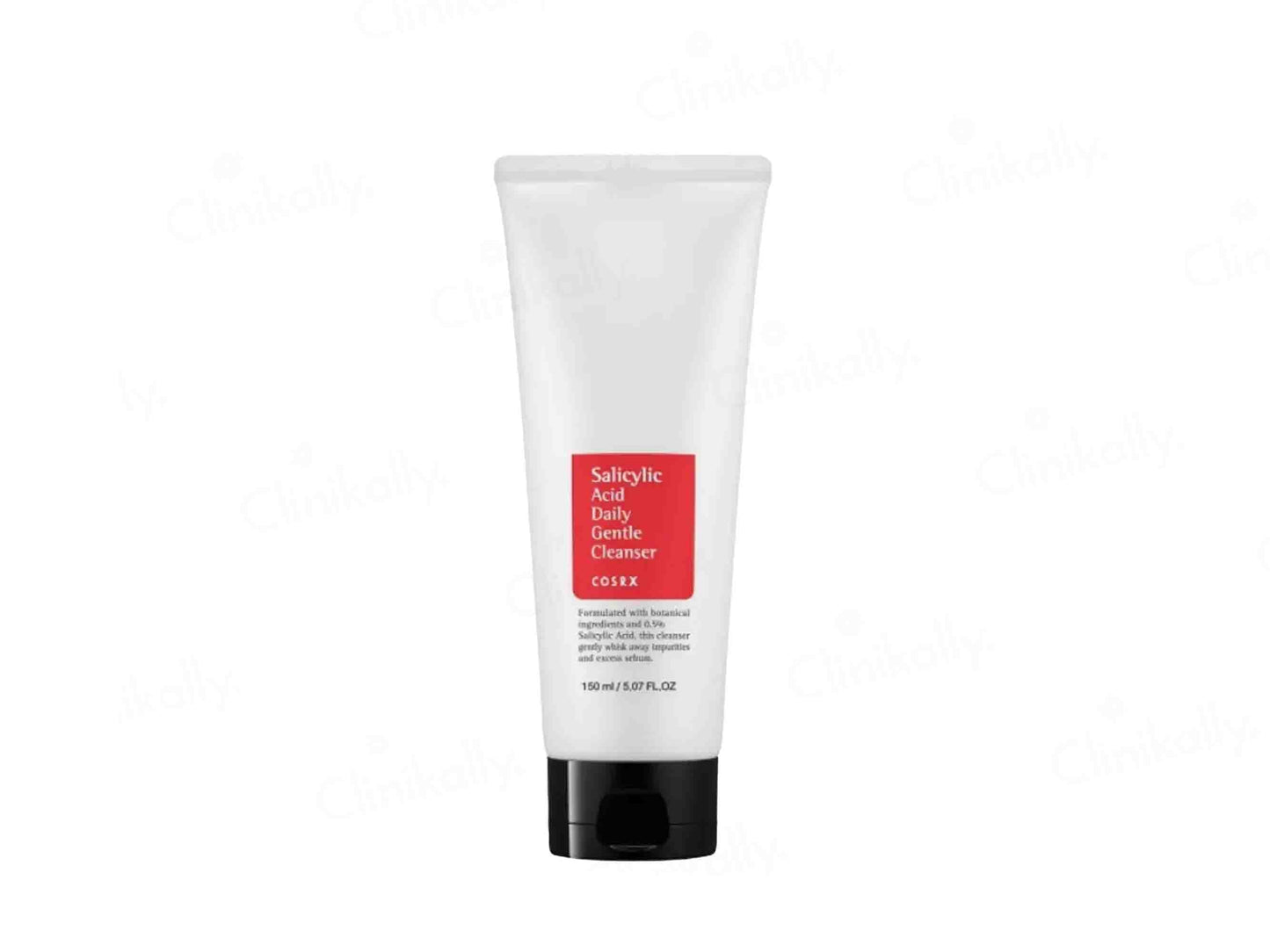 Tube of cleanser with a red label on a white background