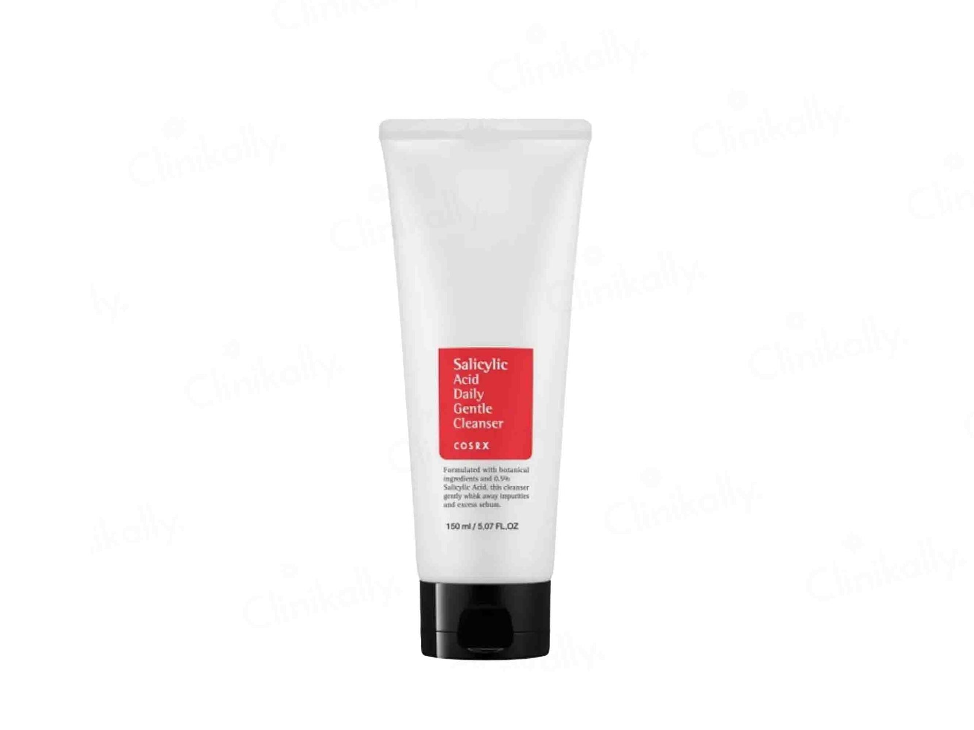 Tube of cleanser with a red label on a white background