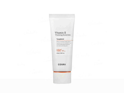 Cosrx sunscreen tube with Vitamin E on a white background