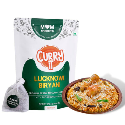 Curry It! Lucknowi Biryani packaging with a bowl of biryani on a white background