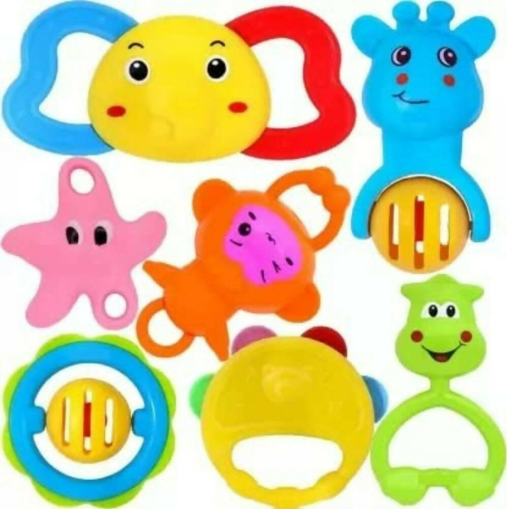 Colorful baby teething toys with various shapes and designs.