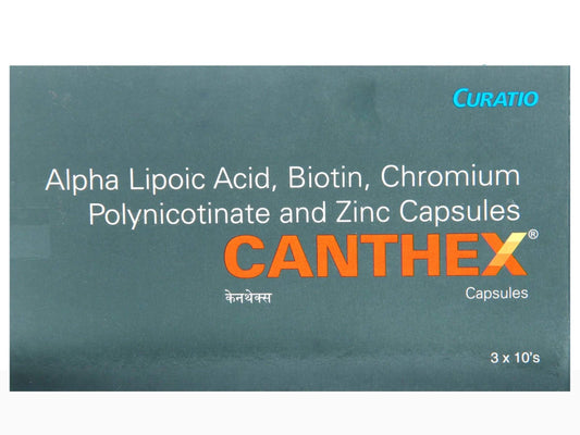Box of CANTHEX capsules with ingredients listed on a teal background