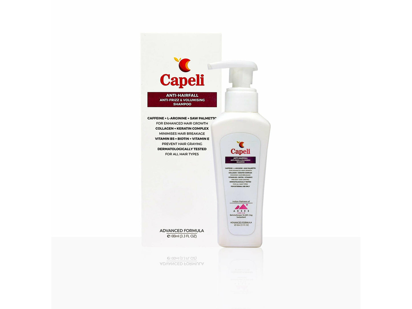 Capeli shampoo bottle and box on a white background