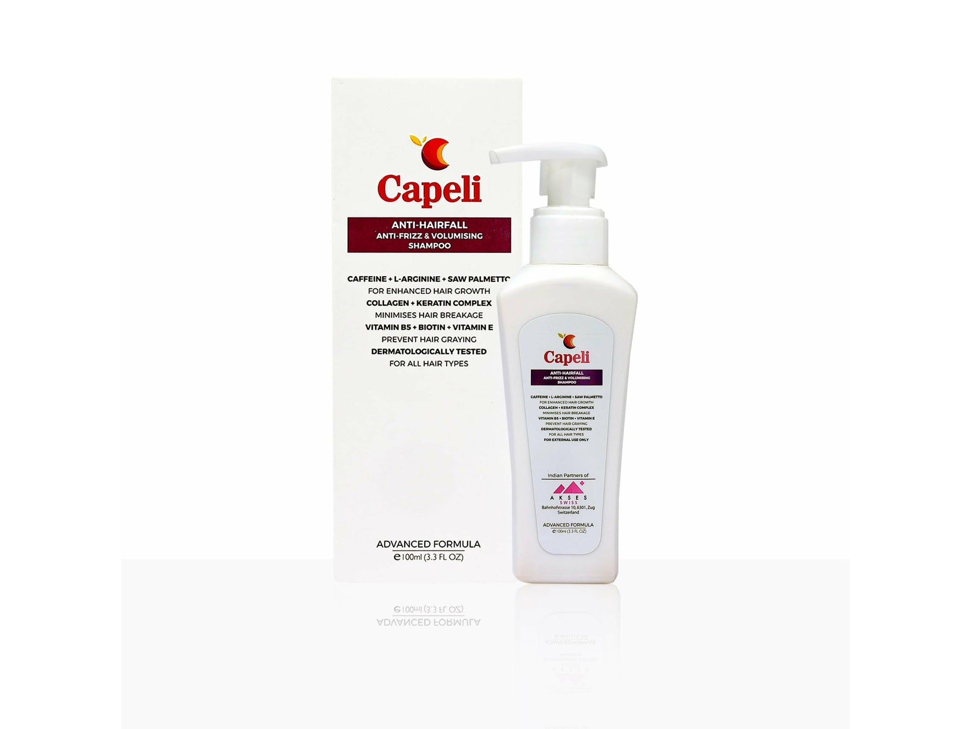 Capeli shampoo bottle and box on a white background