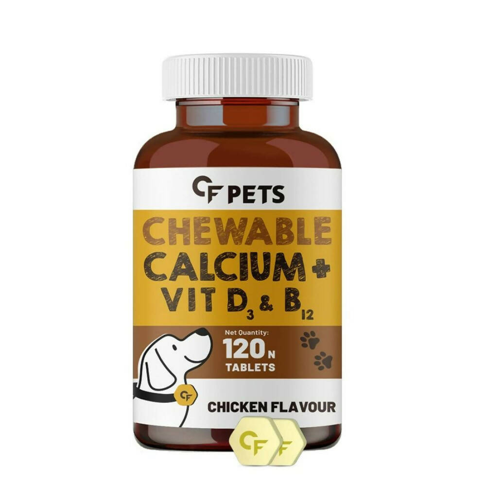Bottle of CF Pets Chewable Calcium + Vit D3 & B12 for dogs on a white background