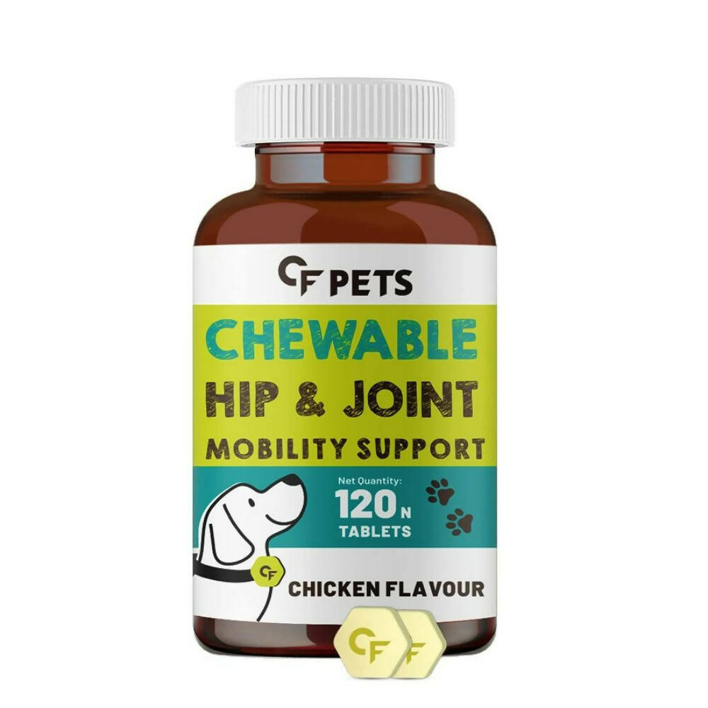 Bottle of CF Pets Chewable Hip & Joint Mobility Support for dogs on a white background