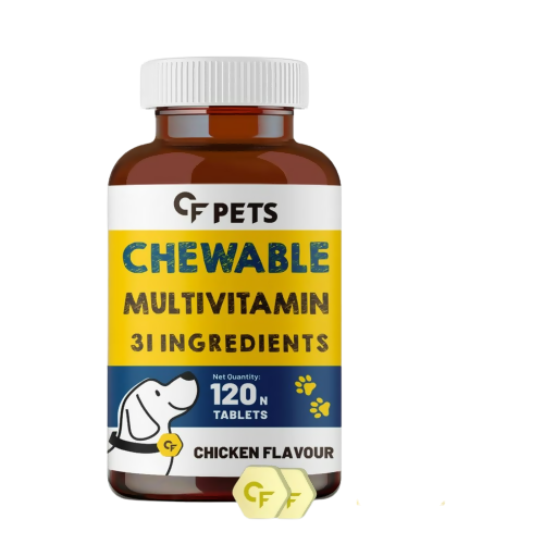 Bottle of CF Pets Chewable Multivitamin for pets on a white background