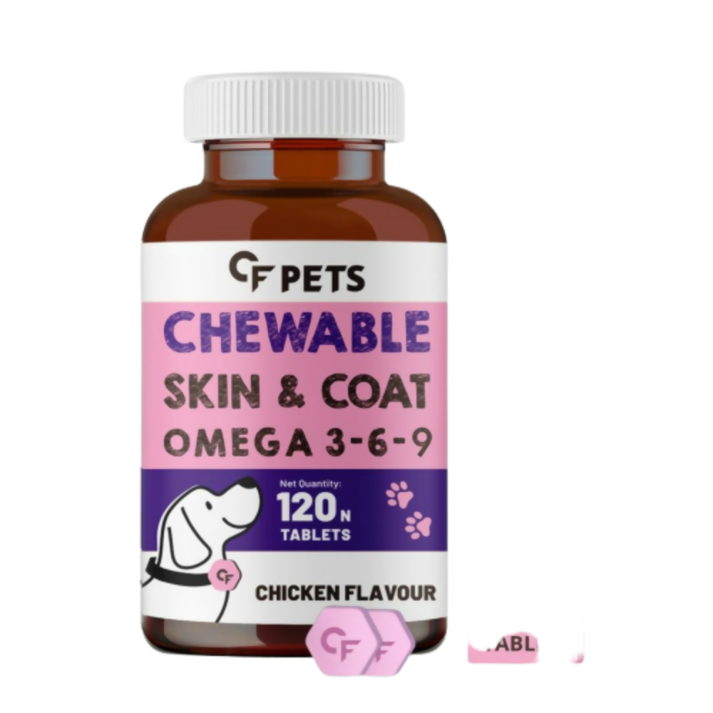 Bottle of CF Pets Chewable Skin & Coat Omega 3-6-9 supplement for dogs on a white background