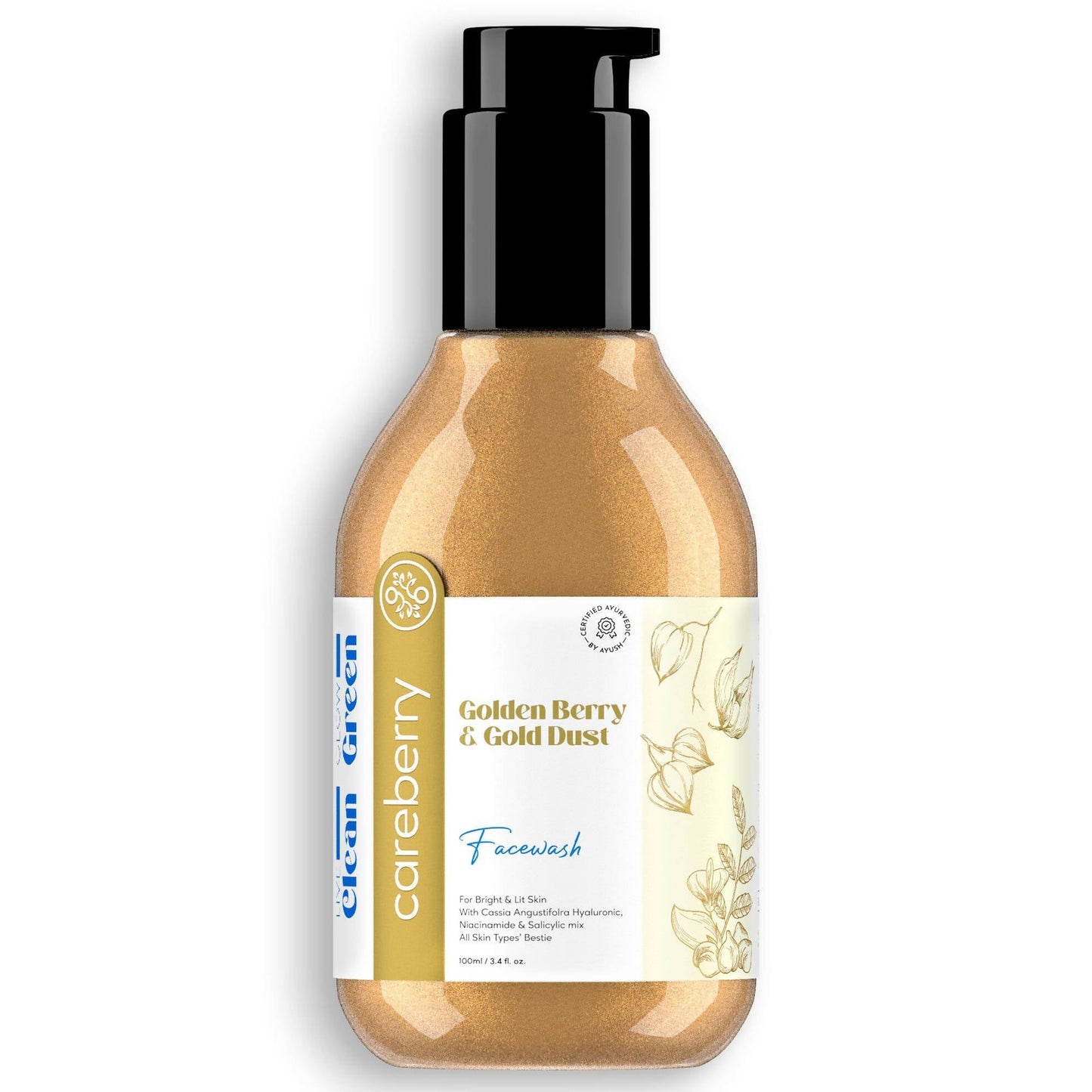 Bottle of Golden Berry & Gold Dust Facewash with a pump on a white background