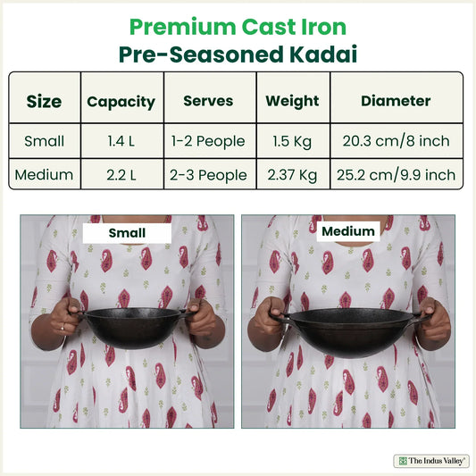 The Indus Valley CASTrong Cast Iron Kadai, Pre-seasoned, Nonstick, 100% Pure, Toxin-free, 20.3cm, 1.4L, 1.5kg