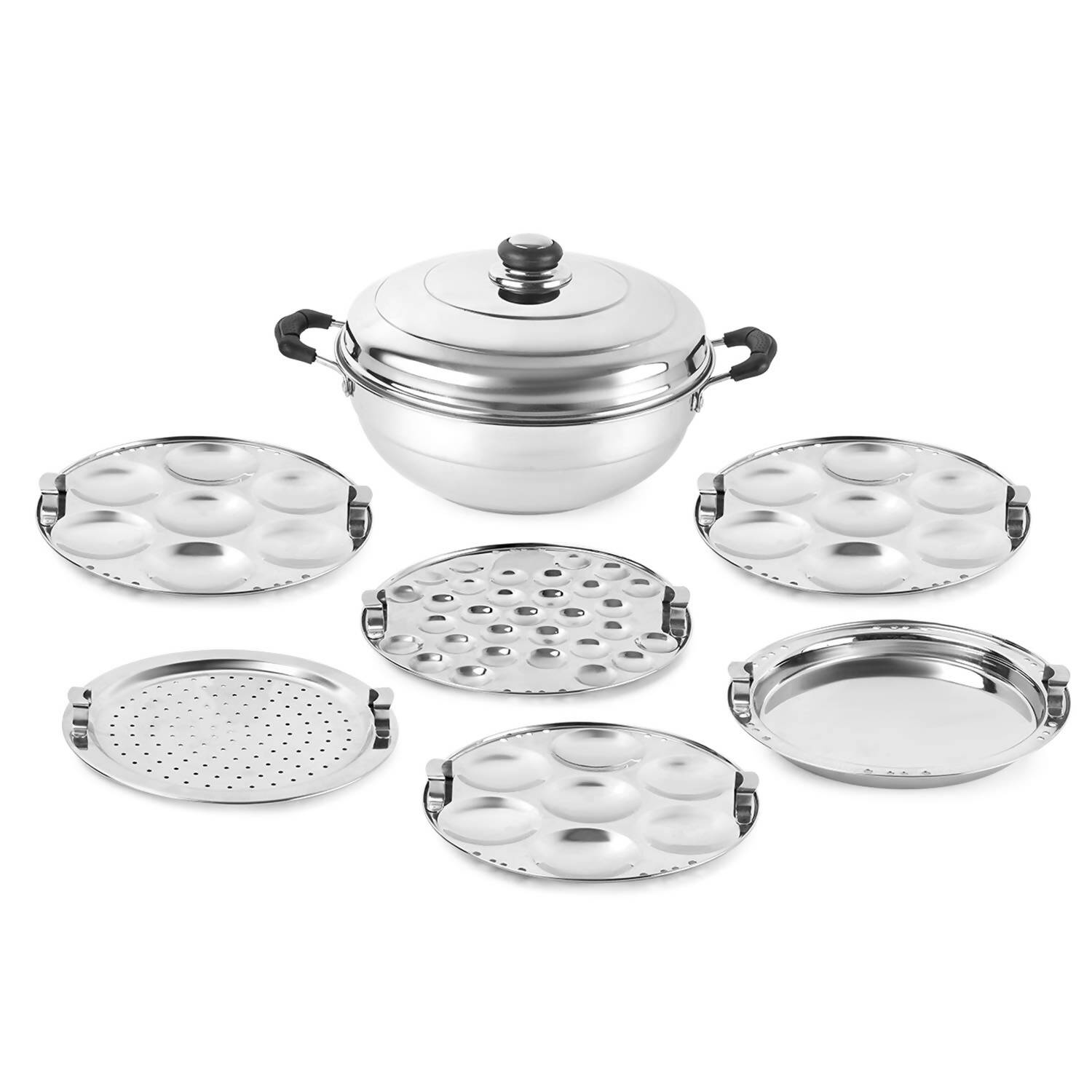 Set of stainless steel cookware including pots and trays on a white background