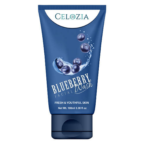 Blue tube of Celozia Blueberry Facial Wash on a white background