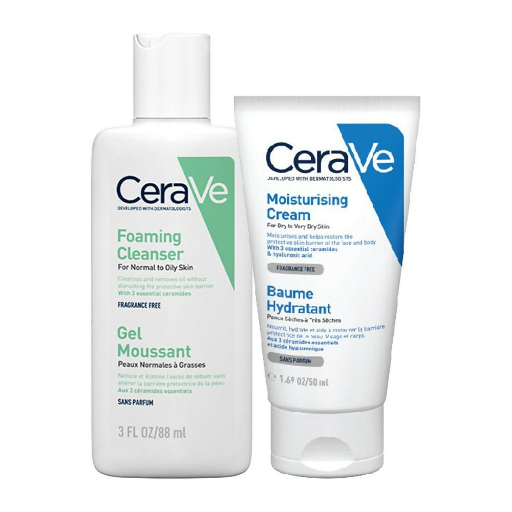 CeraVe Foaming Cleanser and Moisturizing Cream on a white background