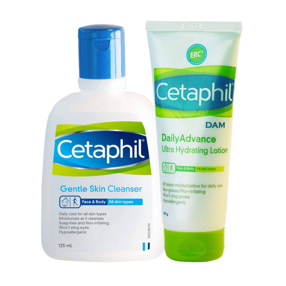 Cetaphil Gentle Skin Cleanser and Daily Advance Ultra Hydrating Lotion on a white background