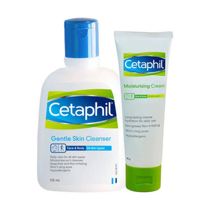 Cetaphil Gentle Skin Cleanser and Moisturizing Cream on a white background