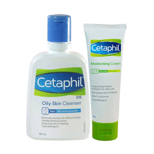 Cetaphil Oily Skin Cleanser bottle and Moisturizing Cream tube on a white background