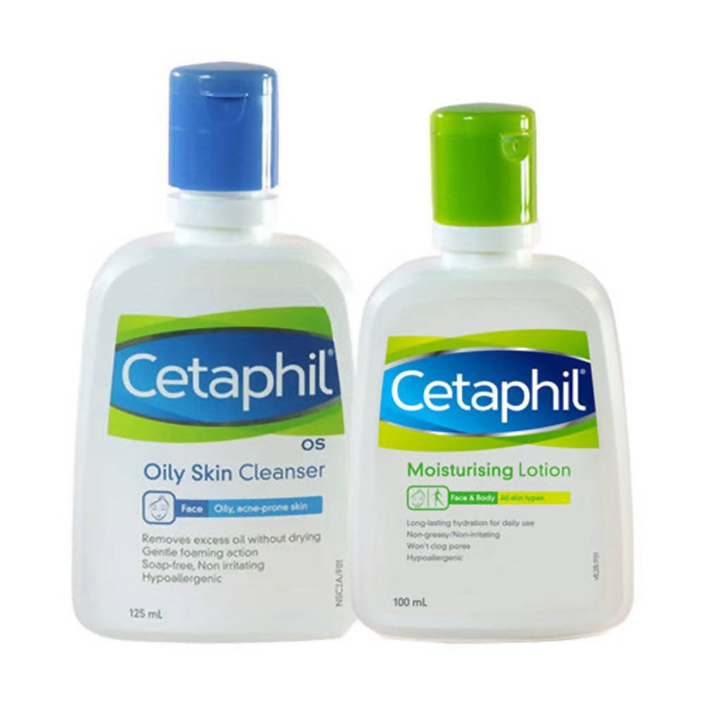 Cetaphil skin care products for oily skin, including a bottle of Oily Skin Cleanser and two bottles of Moisturizing Lotion.