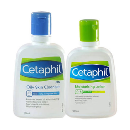 Cetaphil skin care products for oily skin, including a bottle of Oily Skin Cleanser and two bottles of Moisturizing Lotion.