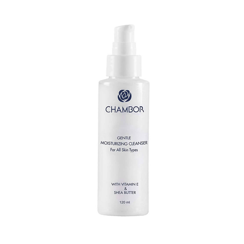 Chambor Gentle Moisturizing Cleanser in a white pump bottle with blue and green text, indicating it contains vitamin E and shea butter.