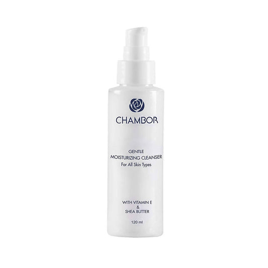 Chambor Gentle Moisturizing Cleanser in a white pump bottle with blue and green text, indicating it contains vitamin E and shea butter.