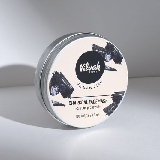 Vilvah Charcoal Facemask container on a light gray background