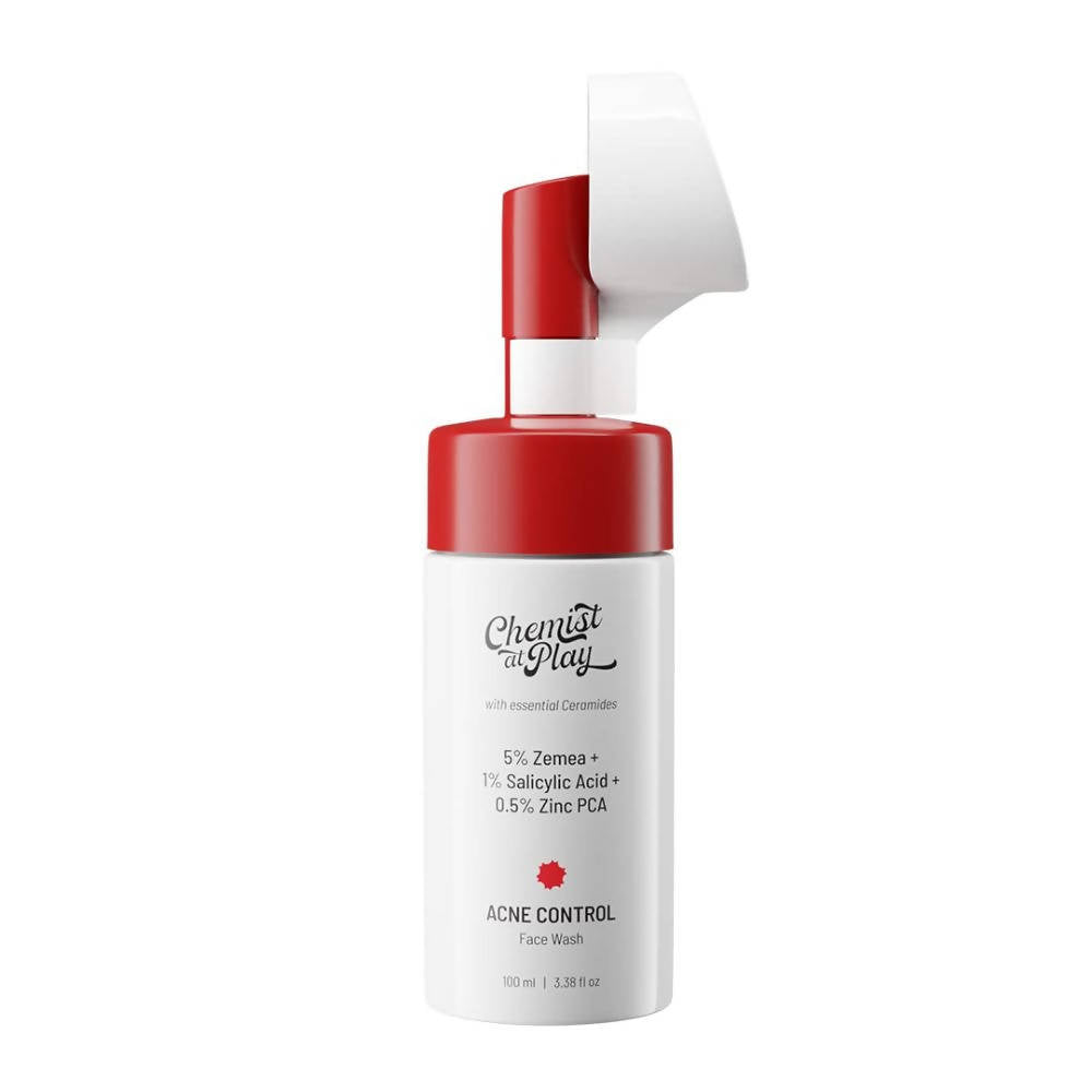 Skincare bottle with red cap and white label on a white background