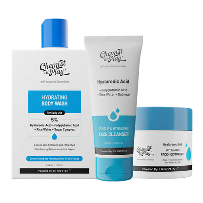 Skincare products including body wash, face cleanser, and moisturizer from Chemist at Play on a white background.