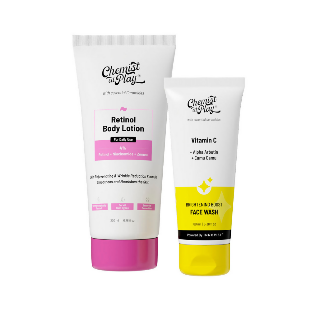 Image of Chemist At Play Retinol Anti-Aging Body Lotion and Brightening Boost Face Wash Combo, with one large white tube labeled for body lotion and a smaller tube with yellow accents labeled for face wash.