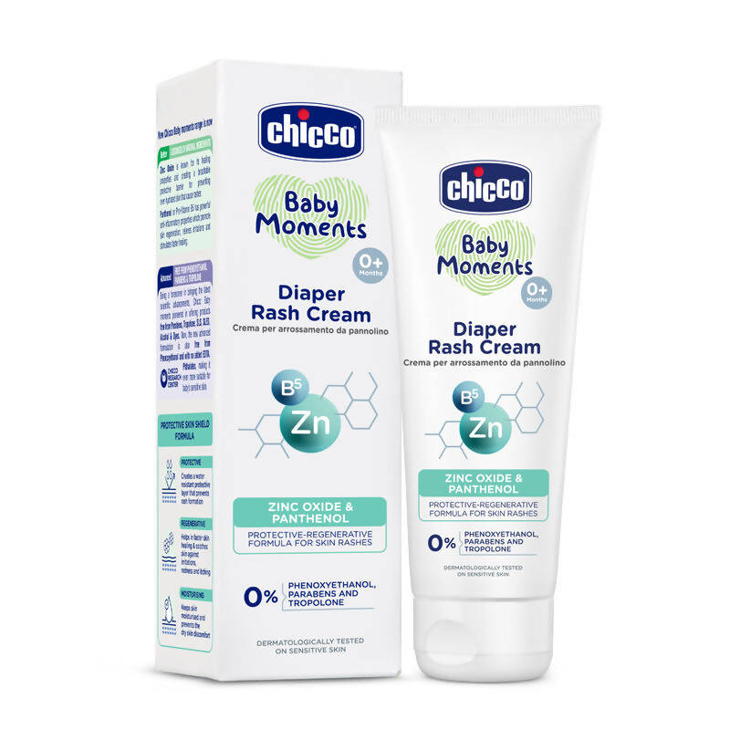 Chicco Baby Moments Diaper Rash Cream packaging and tube on a white background