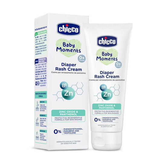 Chicco Baby Moments Diaper Rash Cream packaging and tube on a white background