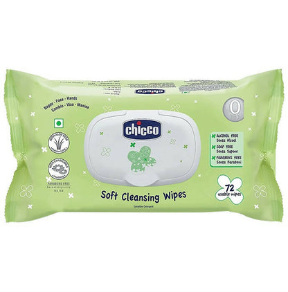 Pack of Chicco soft cleansing wipes with green packaging on a white background