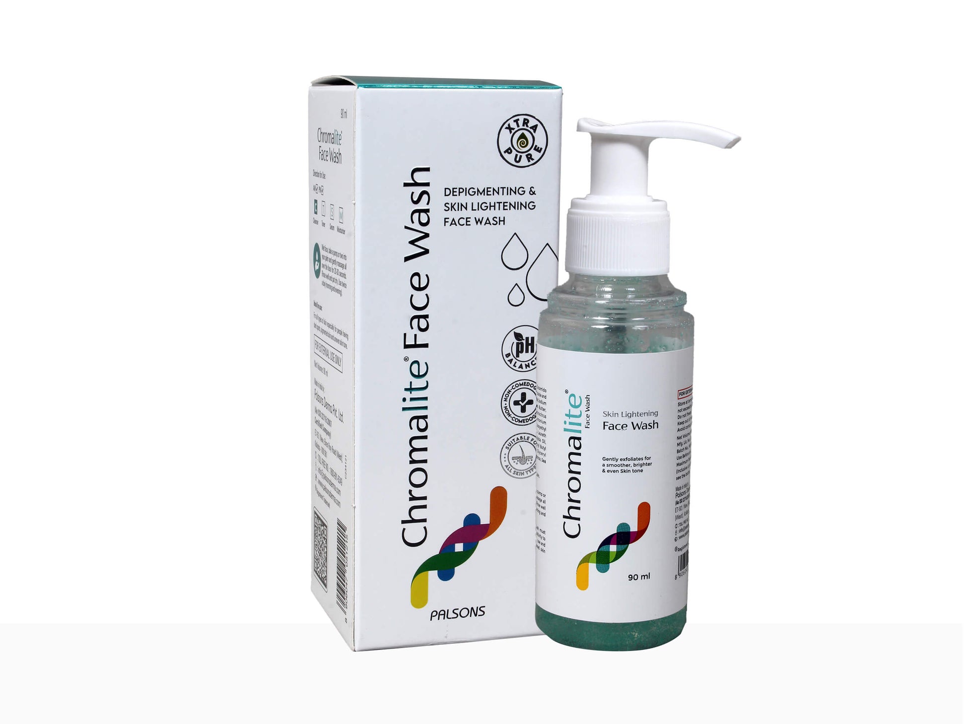 Chromalite Face Wash bottle with pump and packaging on a white background